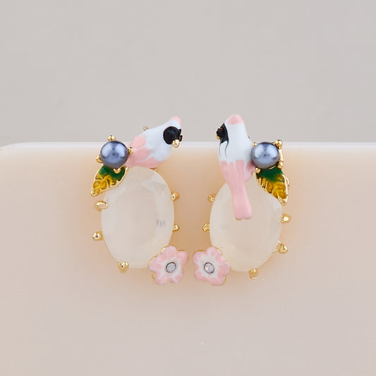 Blush Bird & Blossom White Stone Earrings