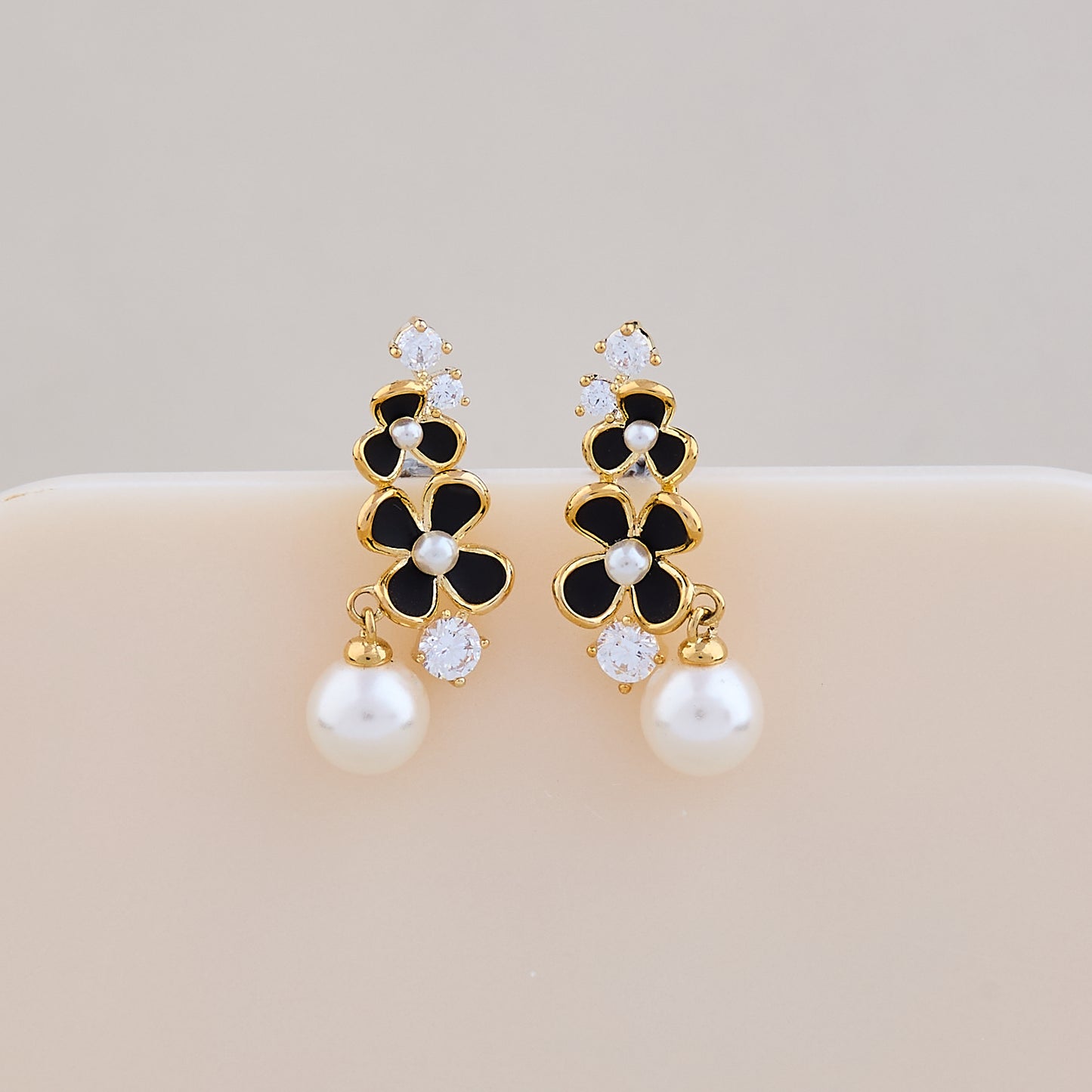 Elegant Noir Blossom Pearl Drop Earrings