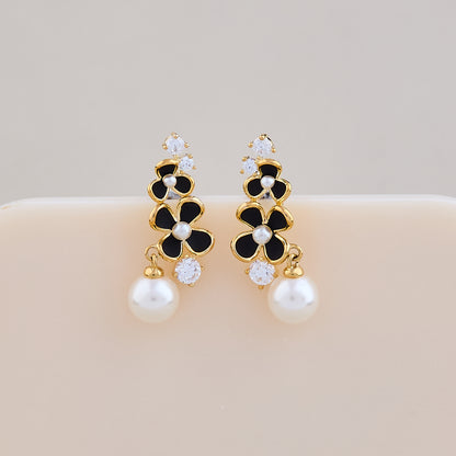 Elegant Noir Blossom Pearl Drop Earrings