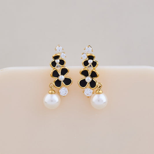 Elegant Noir Blossom Pearl Drop Earrings