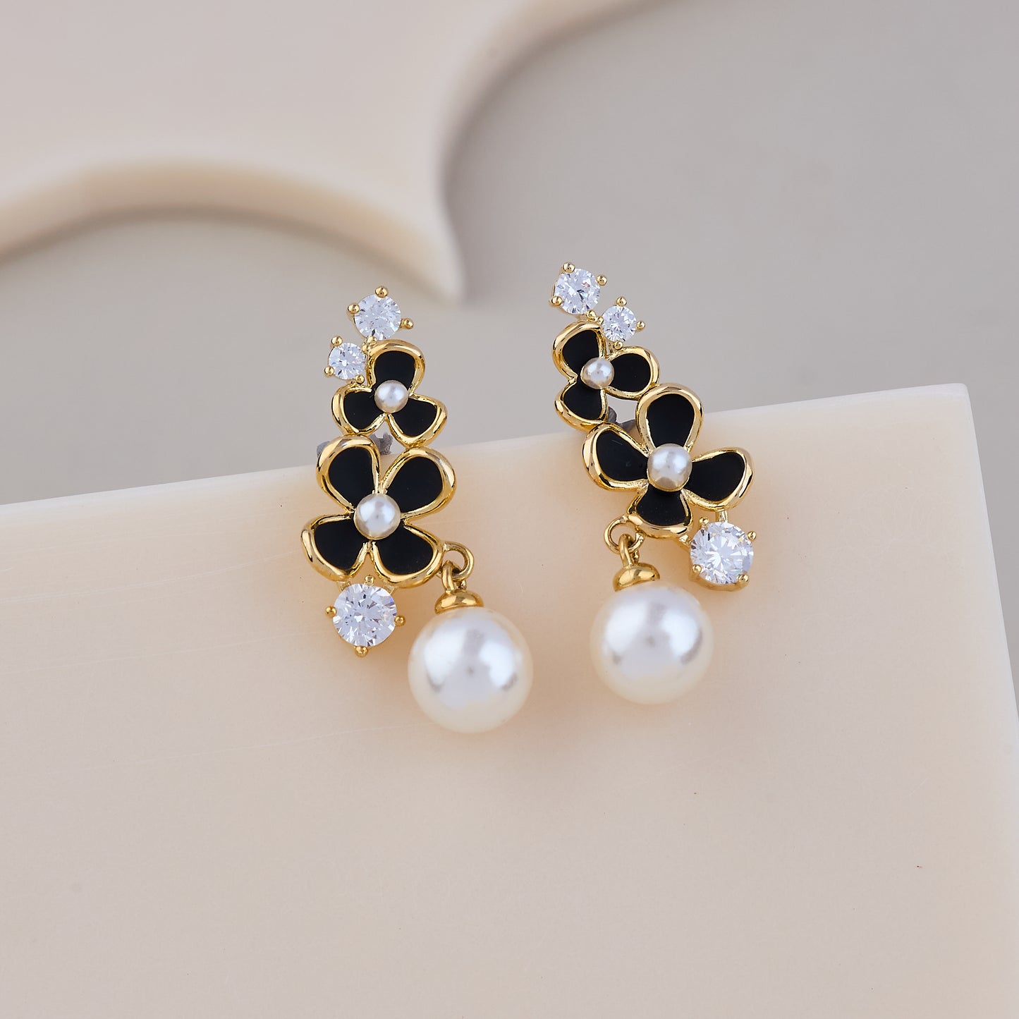 Elegant Noir Blossom Pearl Drop Earrings