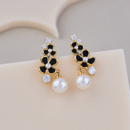 Elegant Noir Blossom Pearl Drop Earrings