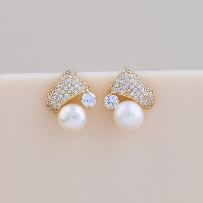 Elegant Pearl & Diamond Fan Stud Earrings