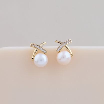 Gold Pearl Cross Stud Earrings