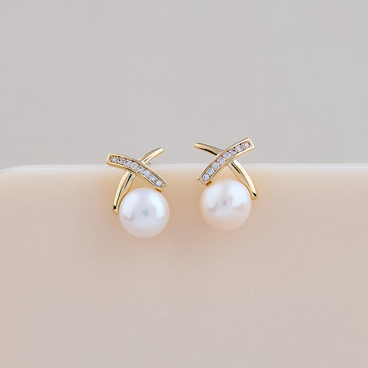 Gold Pearl Cross Stud Earrings