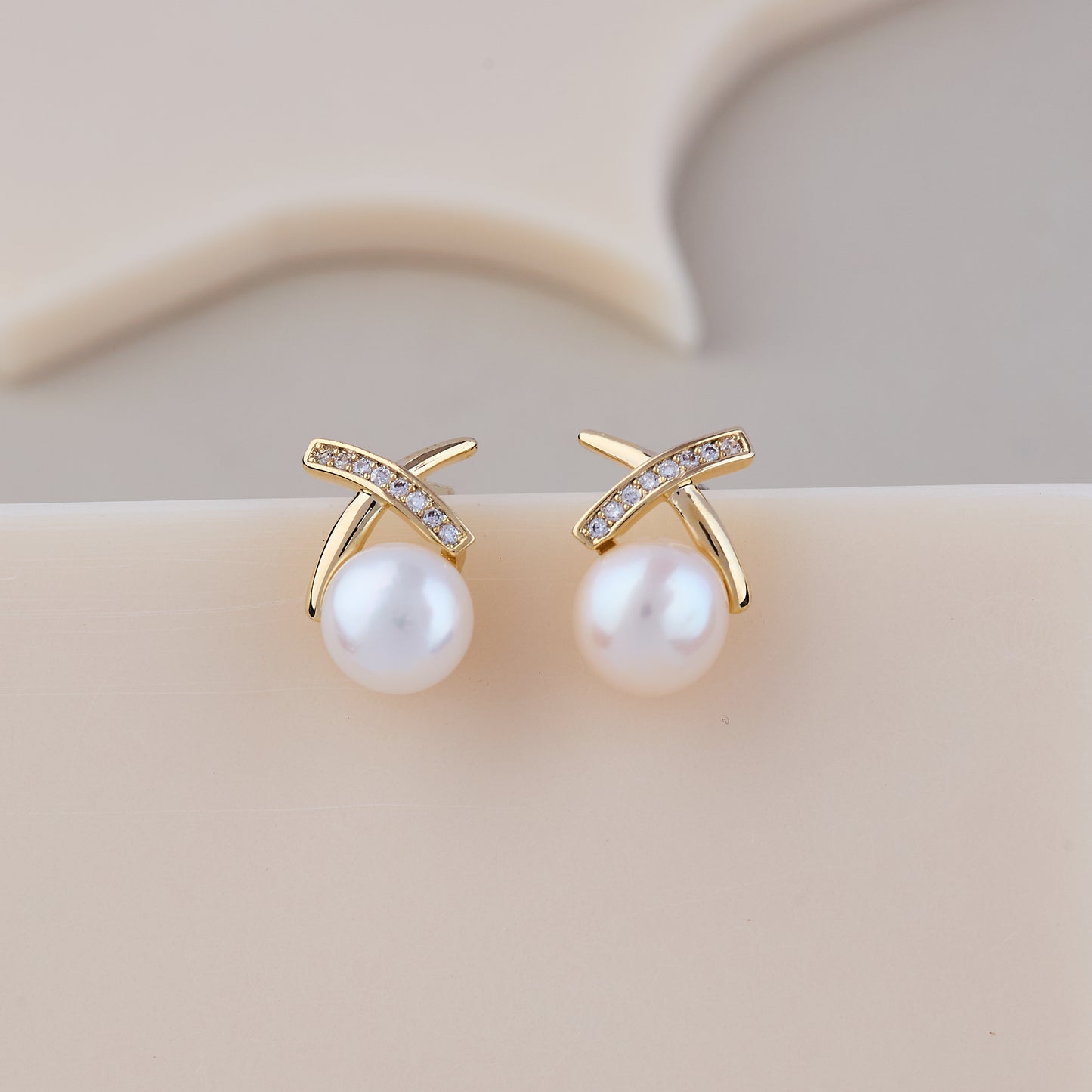 Gold Pearl Cross Stud Earrings