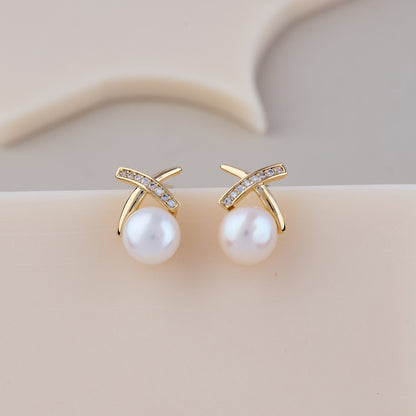 Gold Pearl Cross Stud Earrings
