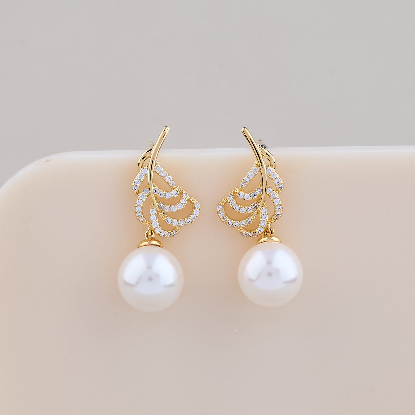 Golden Feather Pearl Drop Earrings