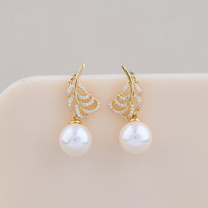 Golden Feather Pearl Drop Earrings