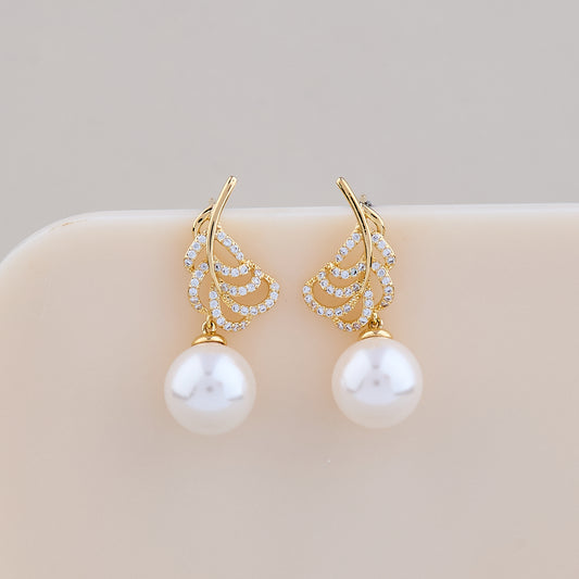 Golden Feather Pearl Drop Earrings