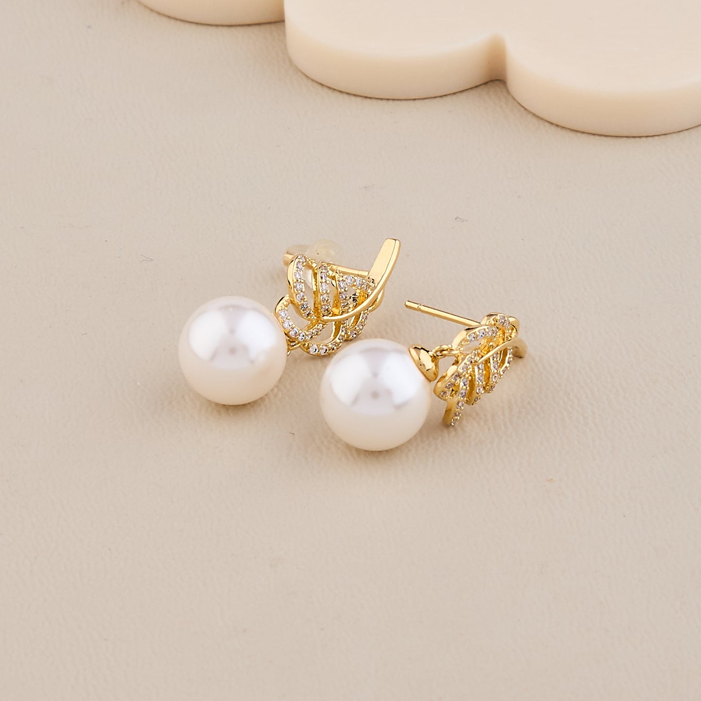 Golden Feather Pearl Drop Earrings