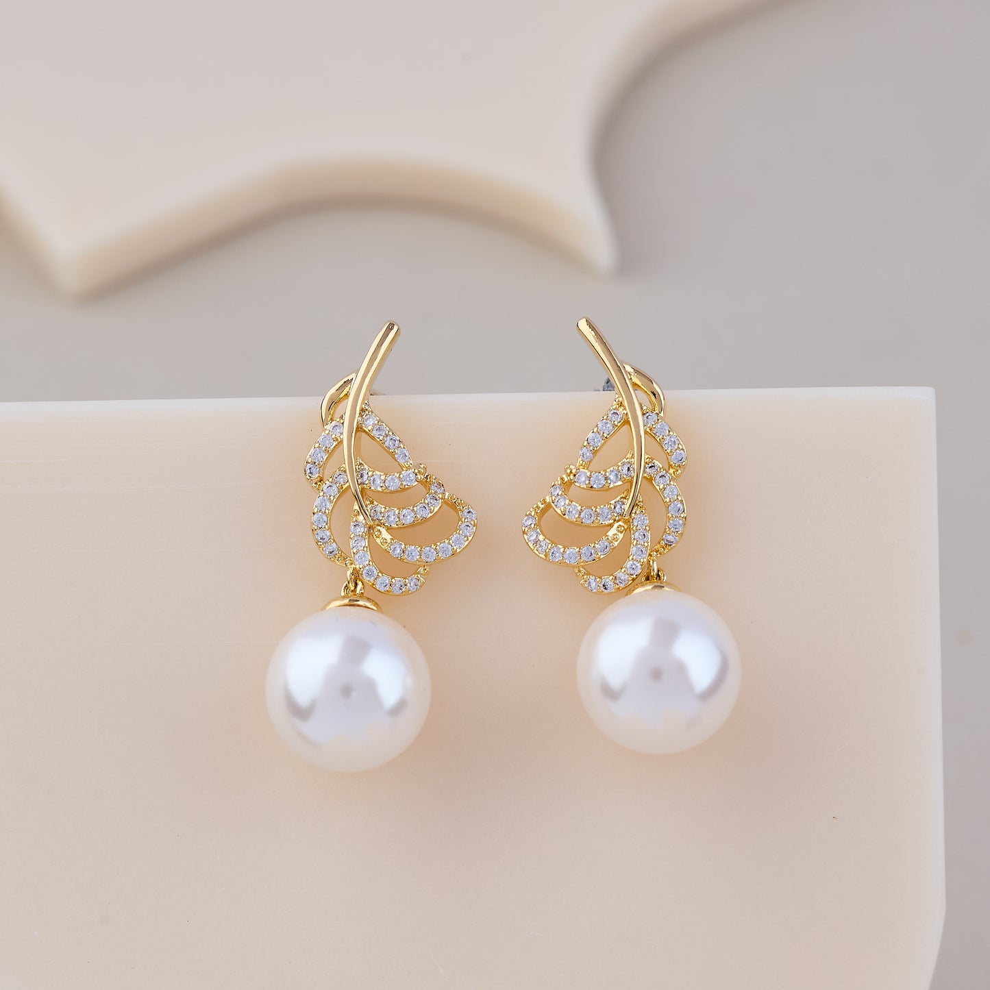 Golden Feather Pearl Drop Earrings