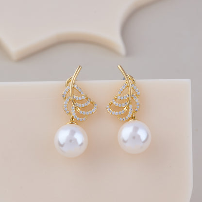 Golden Feather Pearl Drop Earrings