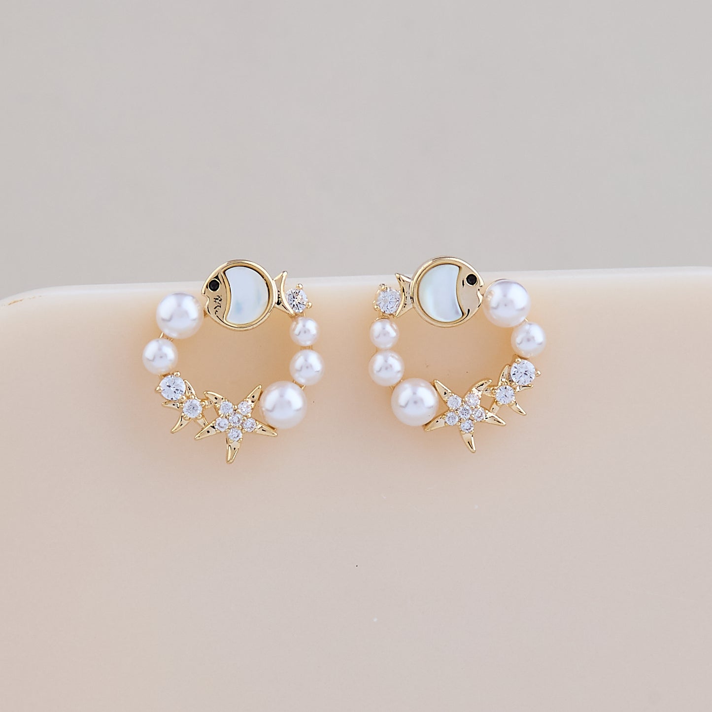 Ocean Pearl Hoop Earrings with Starfish & Fish Design
