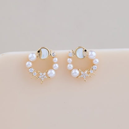 Ocean Pearl Hoop Earrings with Starfish & Fish Design