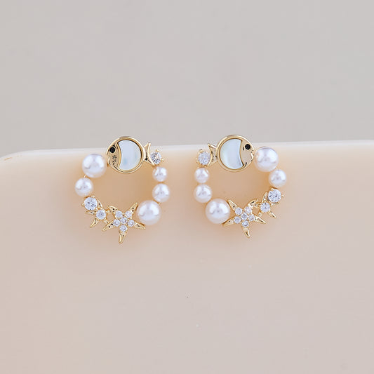 Ocean Pearl Hoop Earrings with Starfish & Fish Design