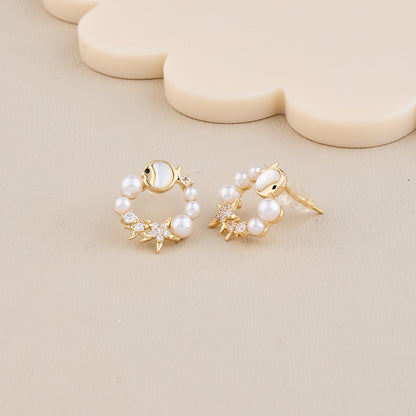 Ocean Pearl Hoop Earrings with Starfish & Fish Design