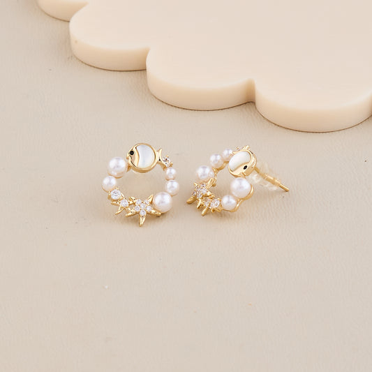 Ocean Pearl Hoop Earrings with Starfish & Fish Design
