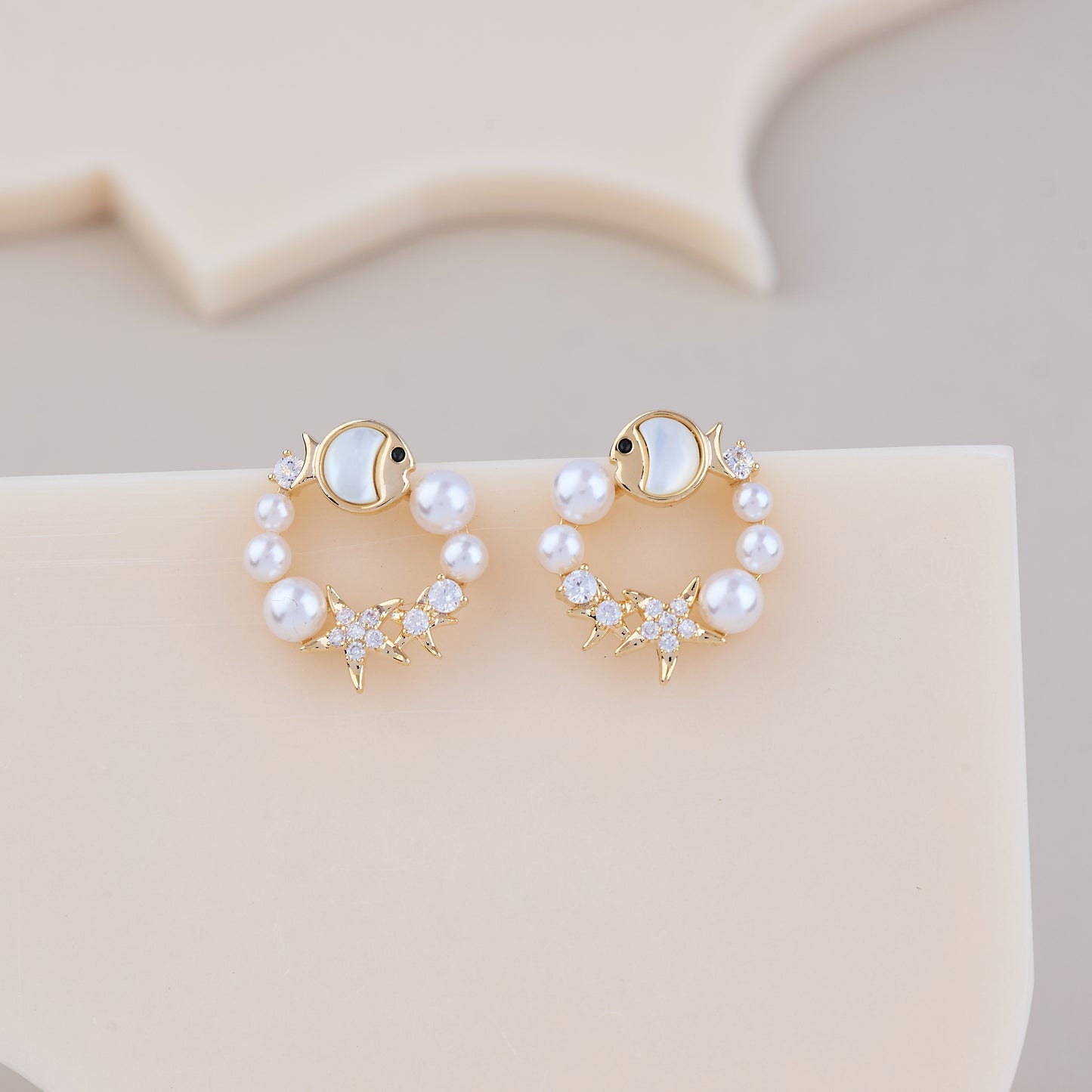 Ocean Pearl Hoop Earrings with Starfish & Fish Design