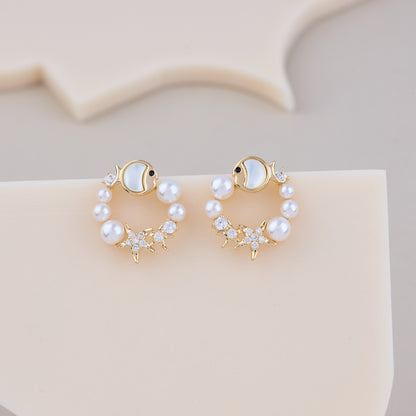 Ocean Pearl Hoop Earrings with Starfish & Fish Design