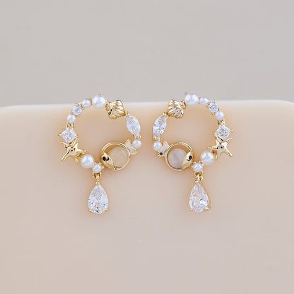 Starfish & Seashell Pearl Hoop Earrings with Dangling Teardrop Crystal