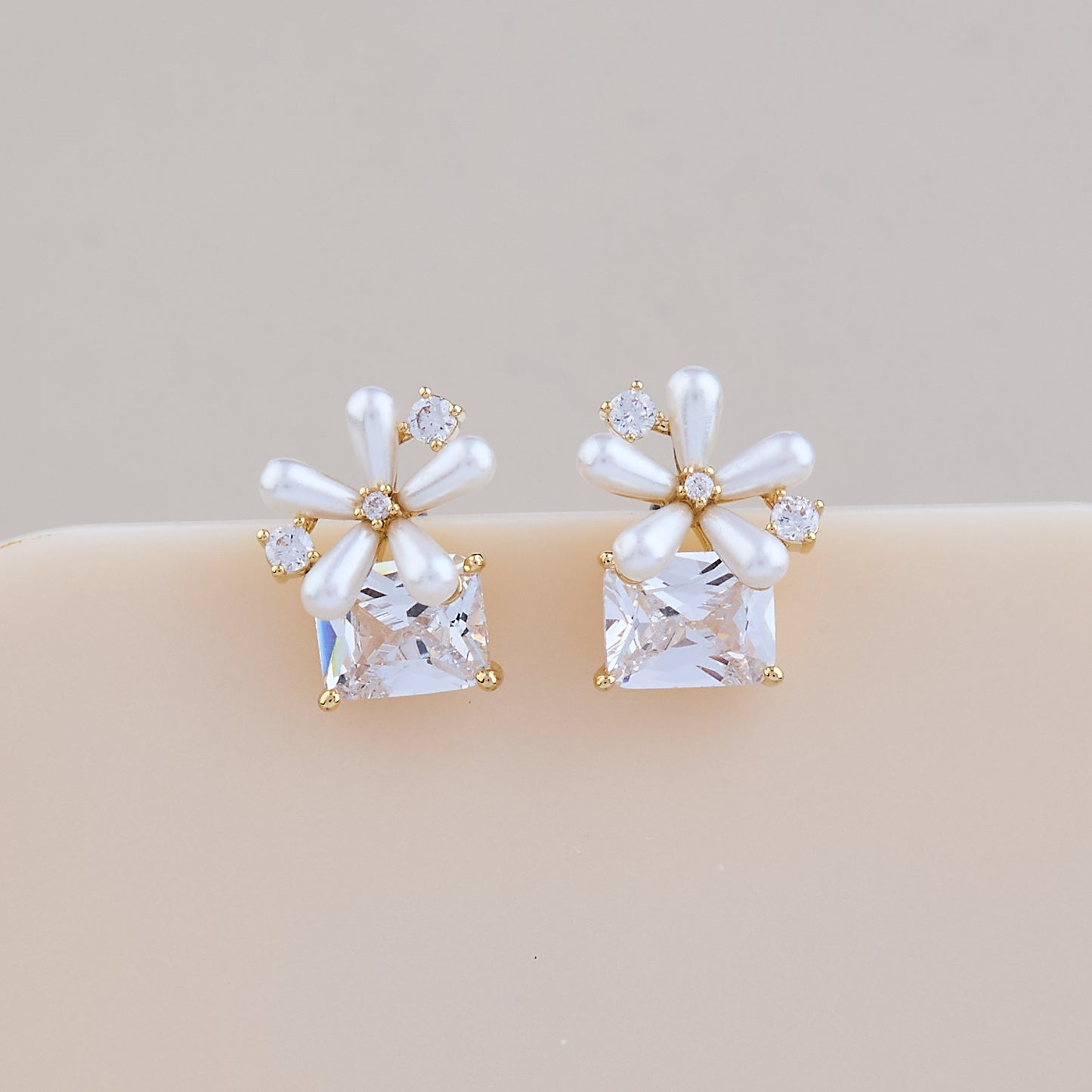 Floral Pearl Petal Earrings with Square Crystal Accent