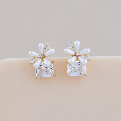 Floral Pearl Petal Earrings with Square Crystal Accent