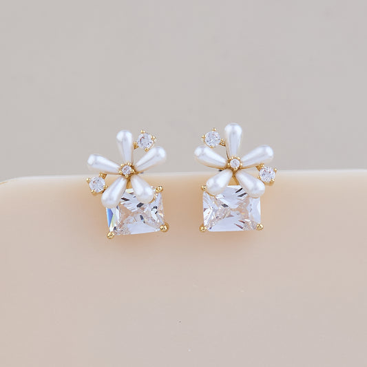 Floral Pearl Petal Earrings with Square Crystal Accent