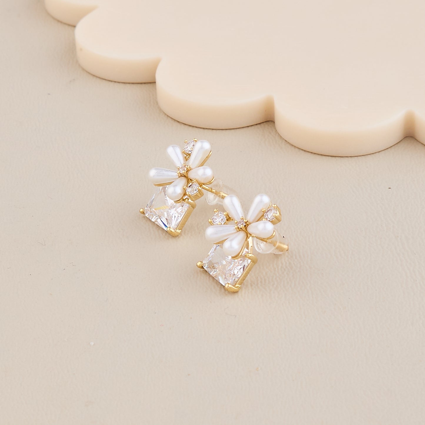 Floral Pearl Petal Earrings with Square Crystal Accent