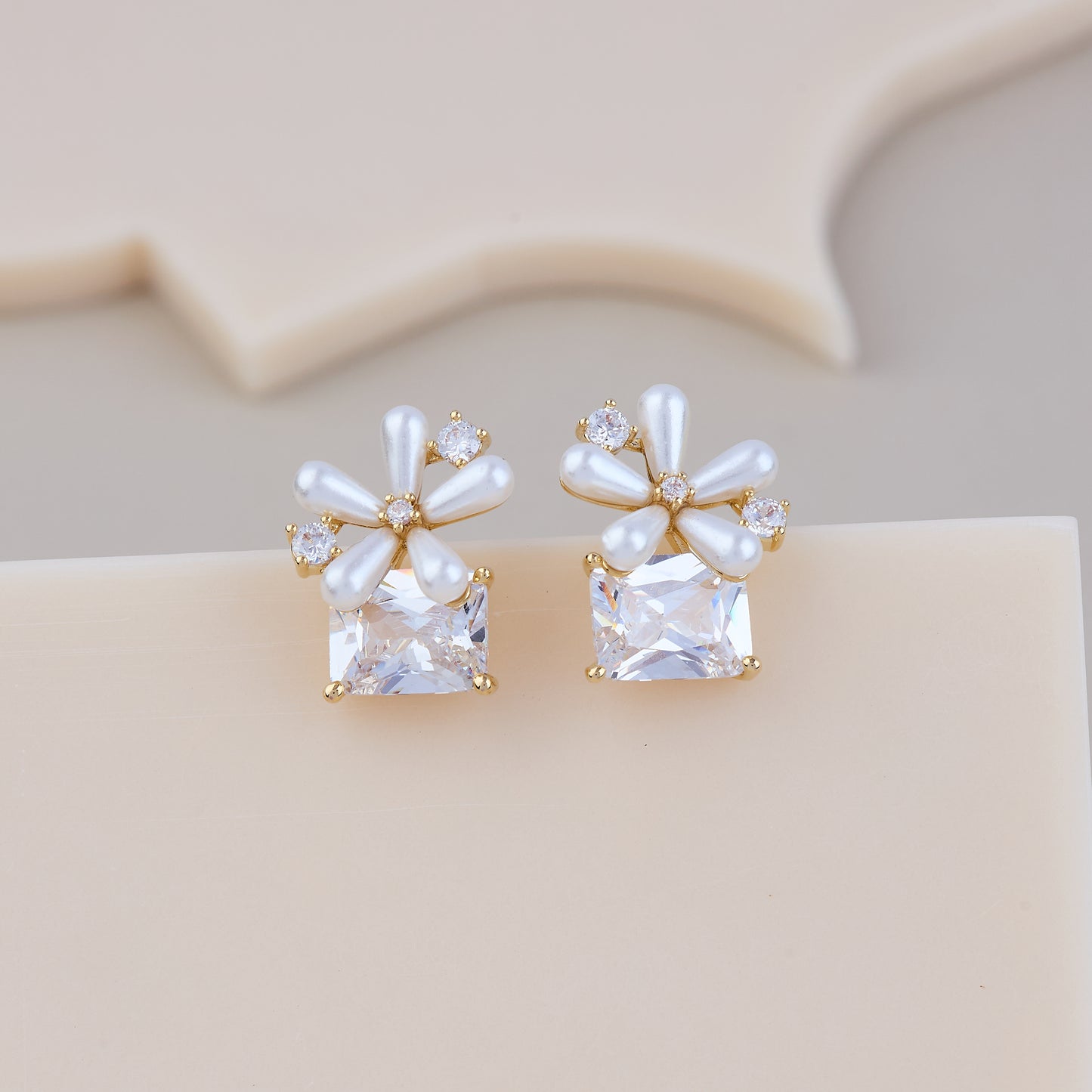 Floral Pearl Petal Earrings with Square Crystal Accent