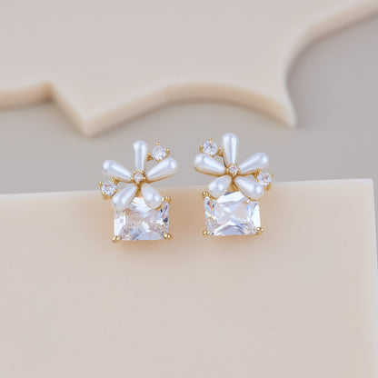 Floral Pearl Petal Earrings with Square Crystal Accent