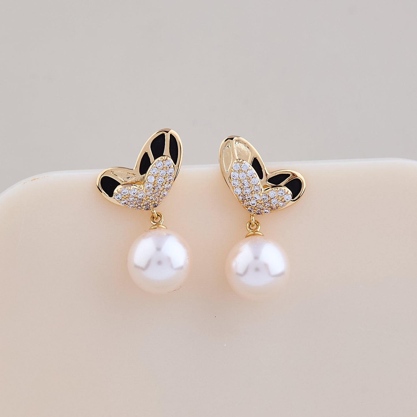Butterfly Wing Pearl Drop Earrings with Black Enamel & Crystals