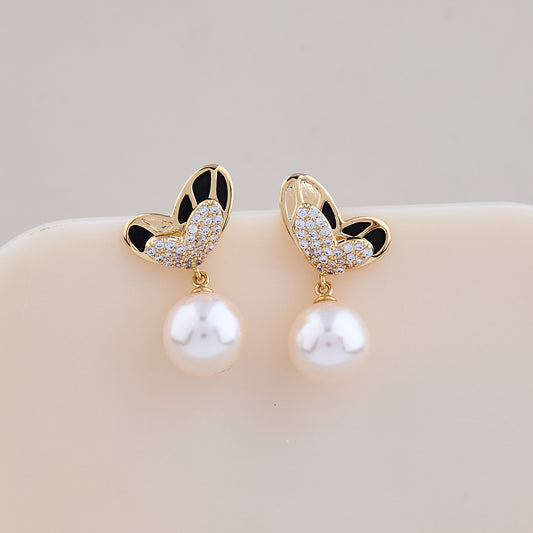 Butterfly Wing Pearl Drop Earrings with Black Enamel & Crystals