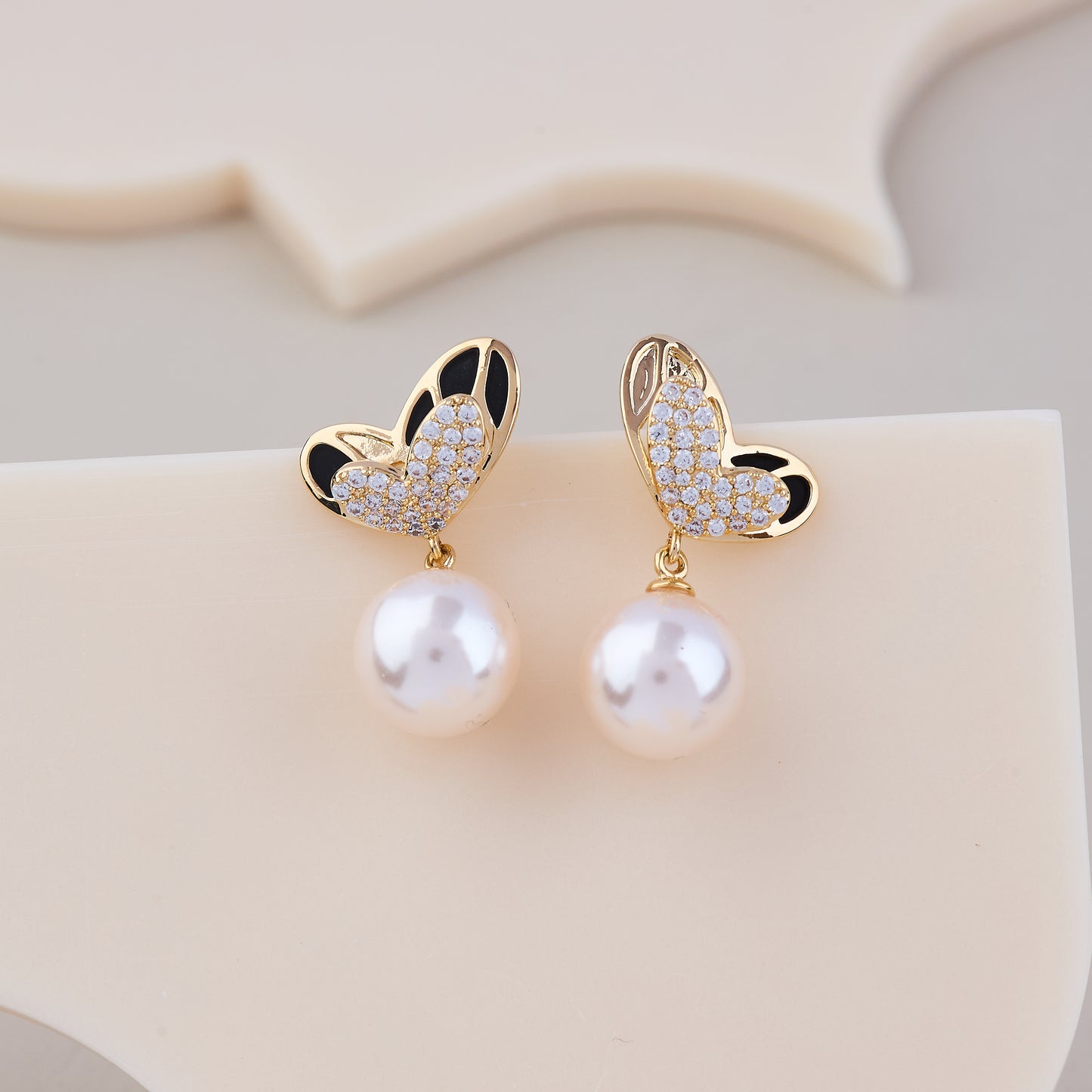 Butterfly Wing Pearl Drop Earrings with Black Enamel & Crystals