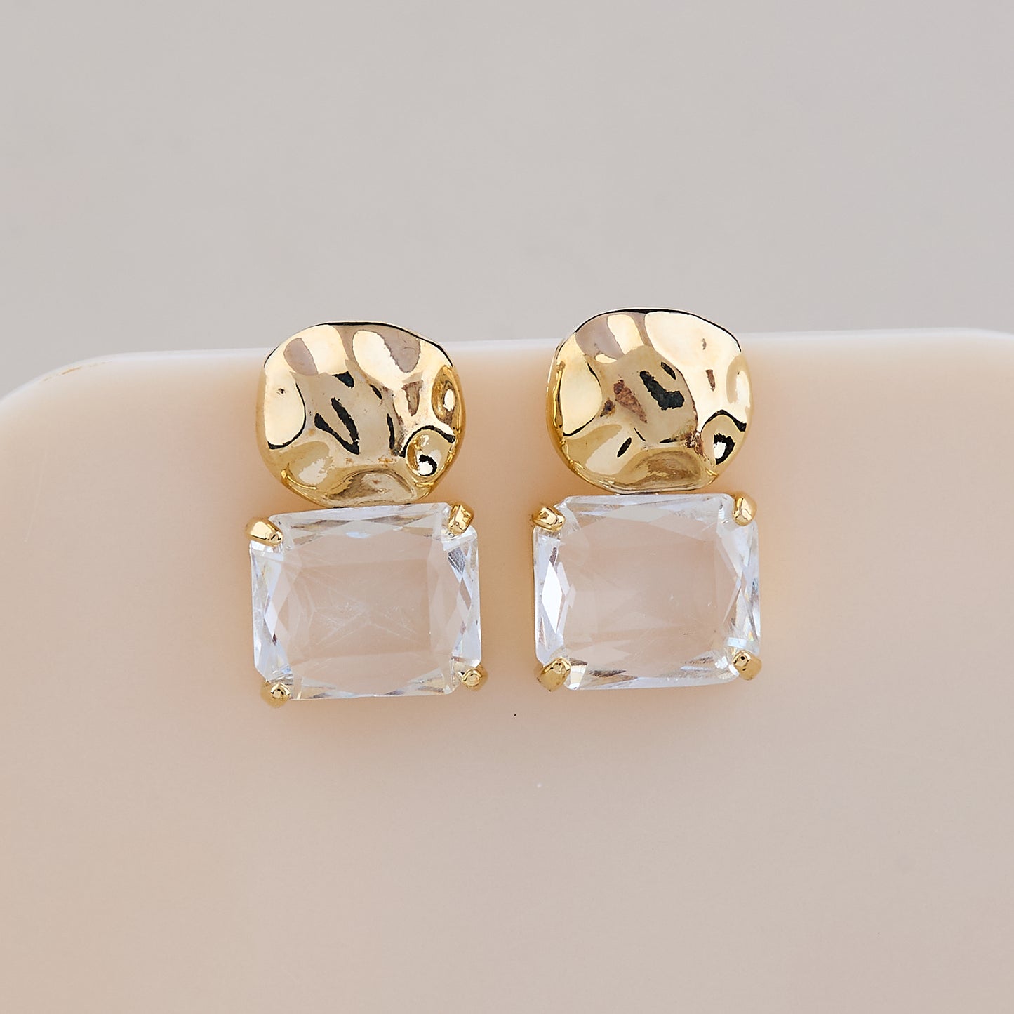Hammered Gold & Crystal Square Stud Earrings