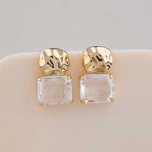 Hammered Gold & Crystal Square Stud Earrings