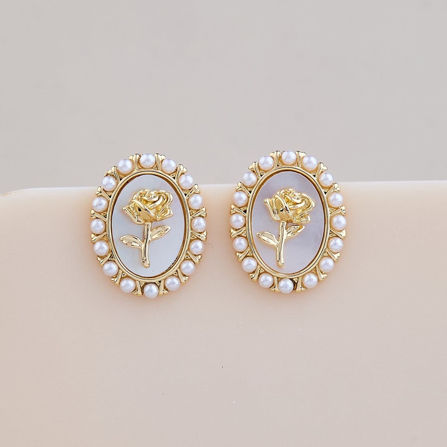 Vintage Rose Pearl-Trimmed Oval Earrings