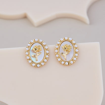 Vintage Rose Pearl-Trimmed Oval Earrings