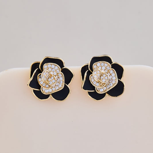 Black Enamel & Crystal Rose Bloom Stud Earrings