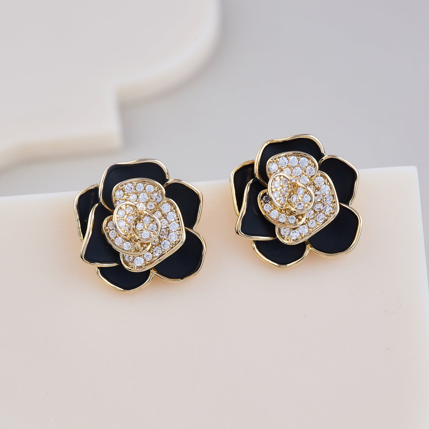 Black Enamel & Crystal Rose Bloom Stud Earrings
