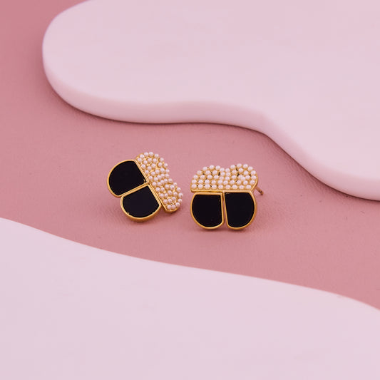 Black Enamel & Pearl Cluster Petal Stud Earrings
