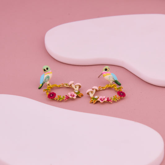 Pastel Parrot & Floral Hoop Earrings