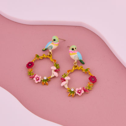 Pastel Parrot & Floral Hoop Earrings