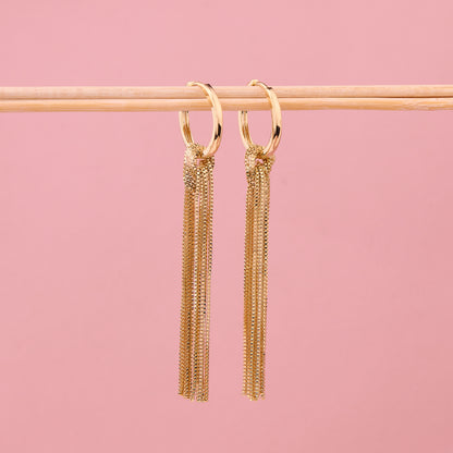 Gold Hoop Earrings with Tassel Chains