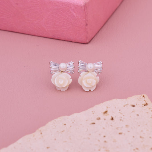 White Rose Pearl Earrings