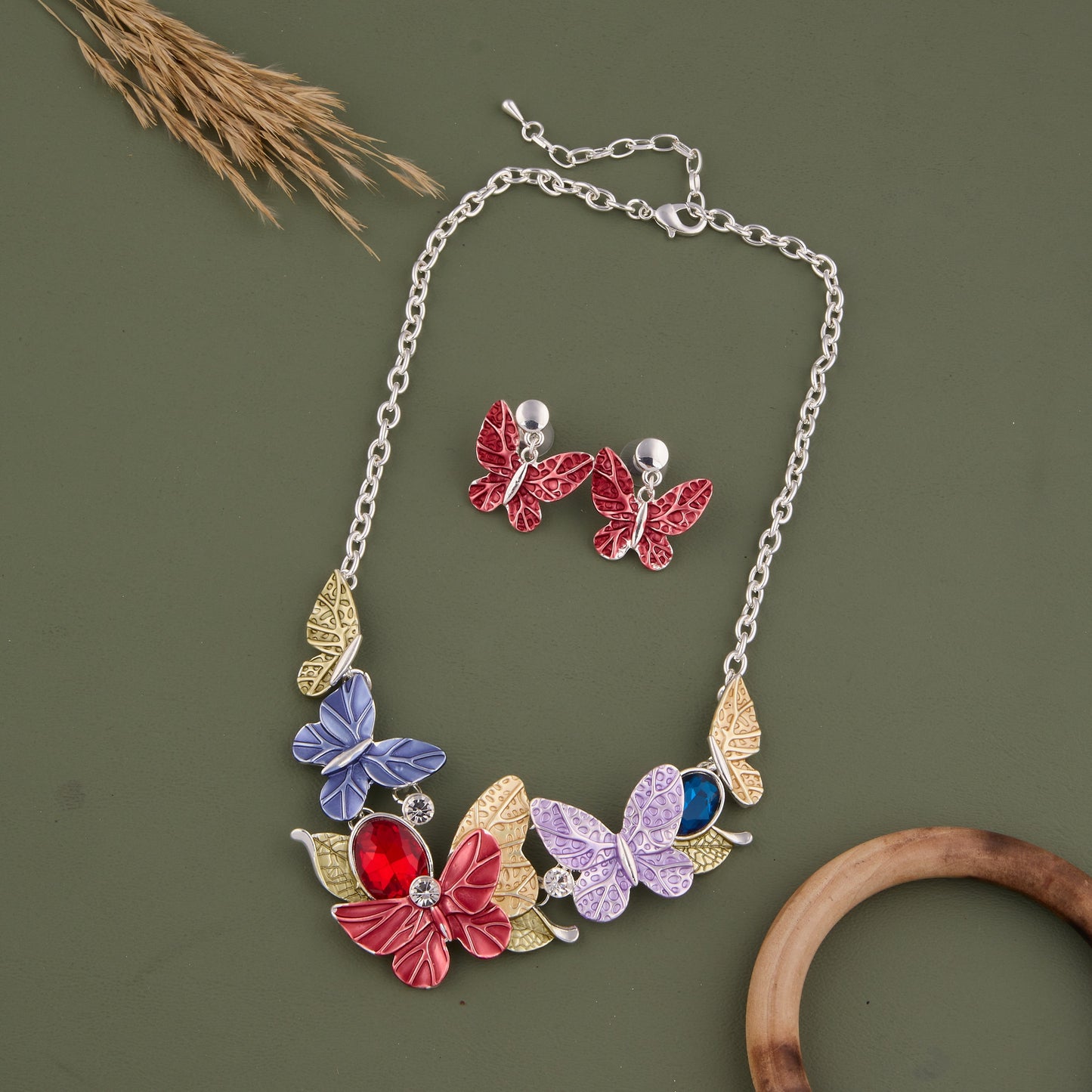 Multicolor Butterfly Necklace Set with Stud Earrings