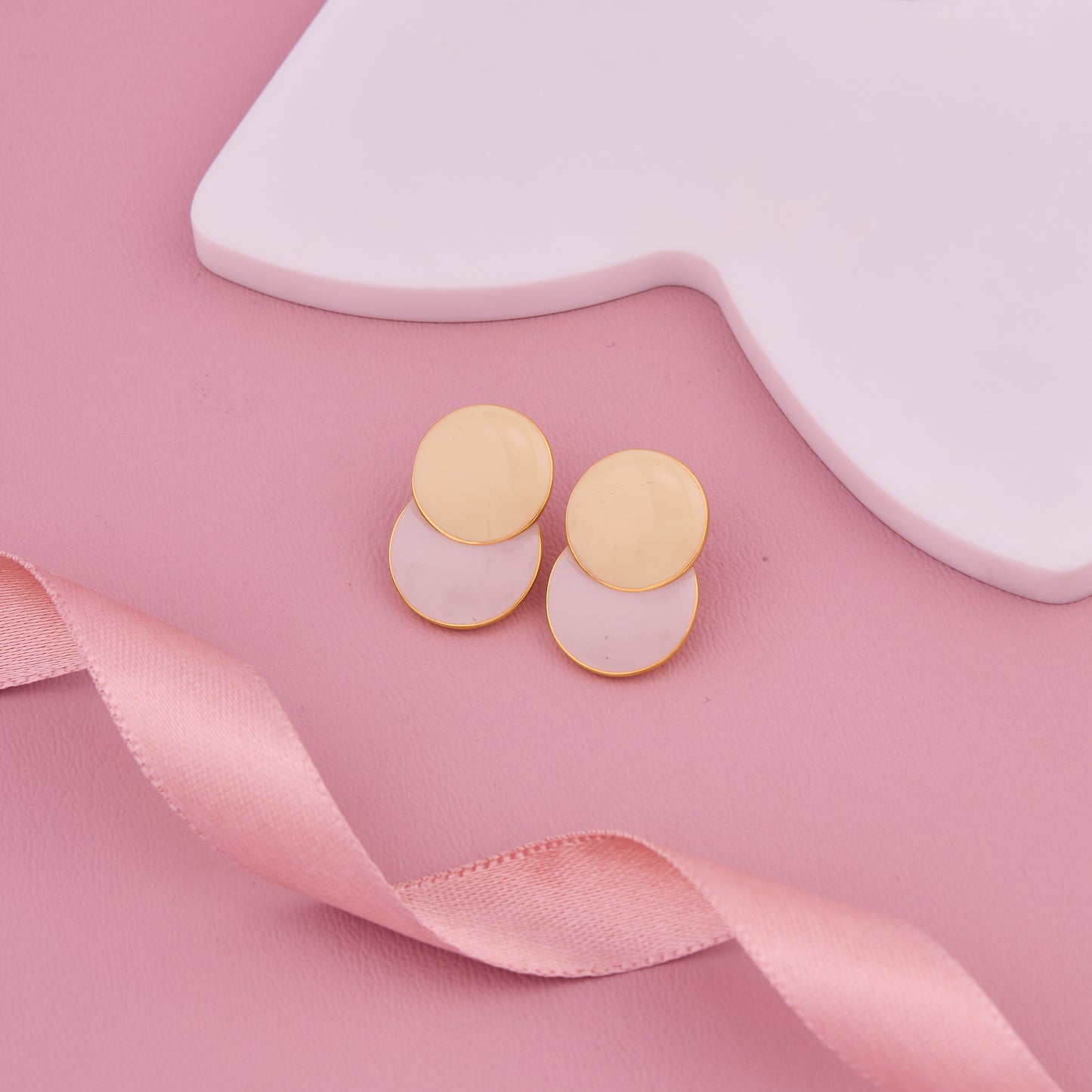 Gold & White Dual Round Stud Earrings