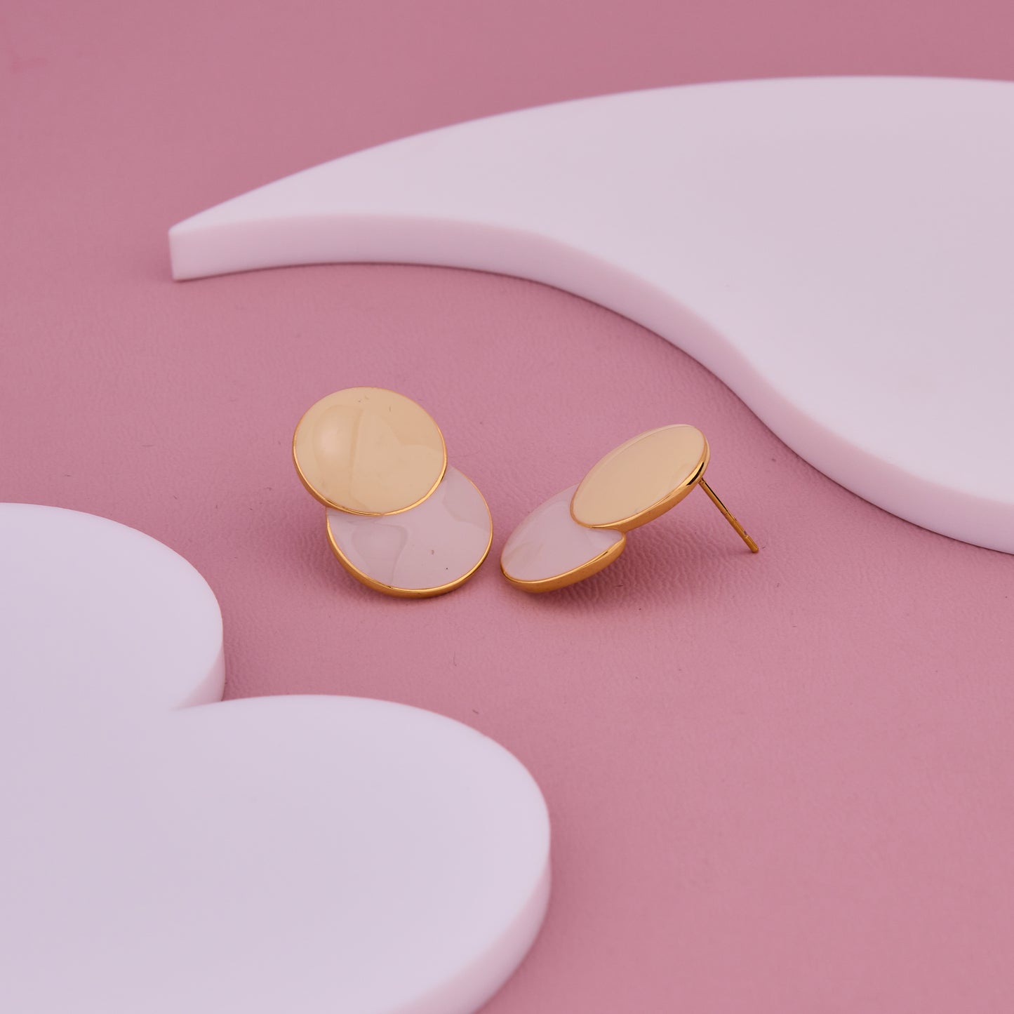 Gold & White Dual Round Stud Earrings