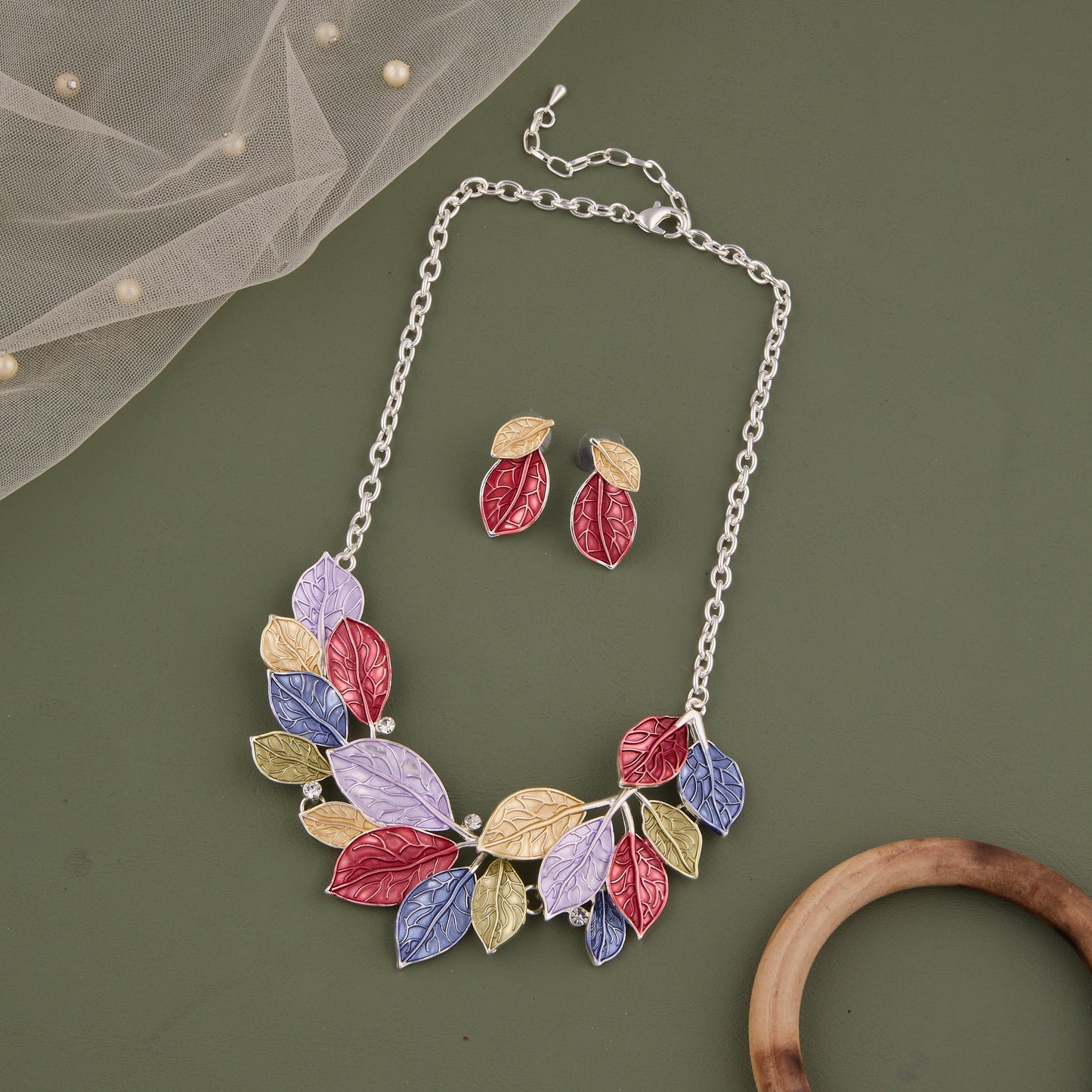 Multicolor Leaf Necklace Set with Earrings