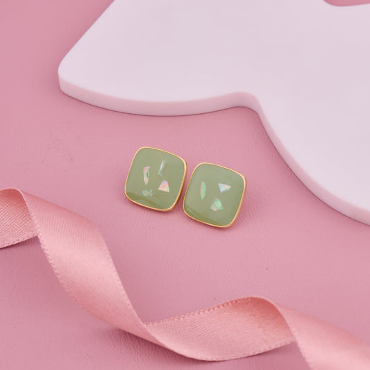 Green Square Glossy Stud Earrings with Iridescent Detailing